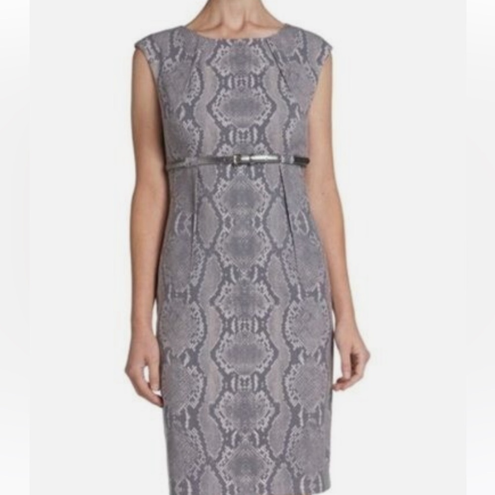 CALVIN KLEIN SNAKE PRINT GRAY SLEEVELESS SHEATH DRESS